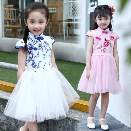 Chinese Style Cheongsam Girls Dresses 2019 Summer Clothing Embroidery Tutu Girls Clothes Children Clothing Dresses