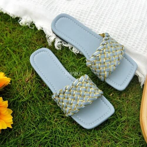 2021 Women Slippers Flat Sole Casual Soft Foot Sandal Women Sandals Rhombus Solid Colors Summer Beach with Square Toe Lides 43