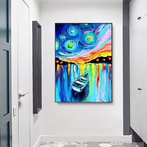 Modern Abstract Starry Night Landscape Canvas Painting Wall Art Watercolor Picture Posters Print Wallpaper Room Decoration