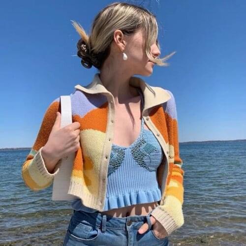 Loose Short Knitted Sweater Autumn Women Home Chic Lady Sunshine Fashion Printed Long Sleeve Singlebreasted Sweater Top Cardigan