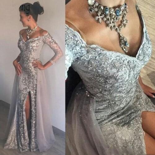 Stunning Silver Mermaid Evening Dress Heavy Beading Sequin V-Neck 3/4 Sleeve Long Prom Dresses Sexy Side Split Lace Formal Dress
