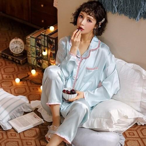 Womens Pajamas Satin Elegant Turn-Down Collar Long-Sleeved Cardigan Trousers Sleepwear Set Female Blue Casual Homewear 2 Piece