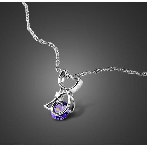 Cute Cat Silver Pendant Chain Fashion Purple zircon 100% 925 sterling Silver Women & Girl Necklace Fine Jewelry Wholesale gift