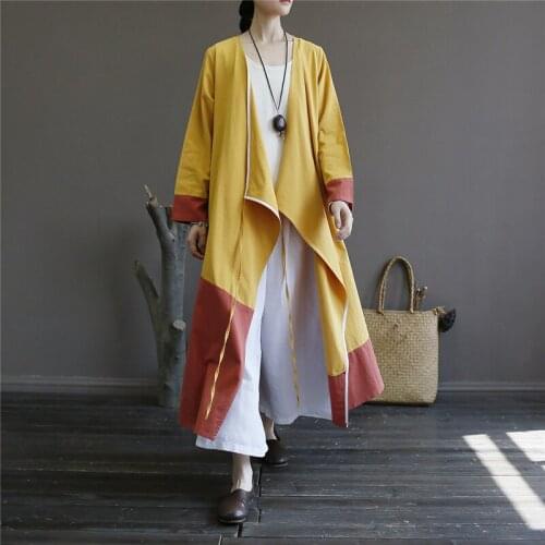 2019 Autumn V Neck Coat Trench Cardigans Coat for Women Traditional Chinese Overcoat Long Windbreaker Patchwork Linen Outerwear