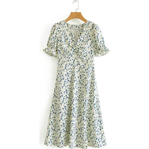 JC·KILIG 2021 Floral Bubble Sleeve Split Dress AZ5108