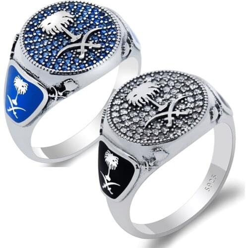 925 Sterling Silver Ring for Men Islamic Double Swords Religious Ring with CZ Palm Tree Vintage Turkish Thai Silver Jewelry