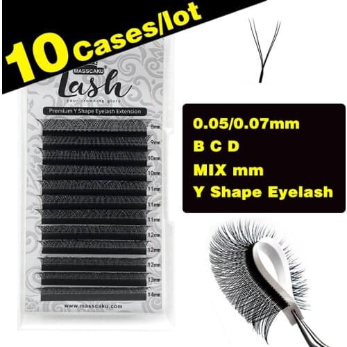 10Cases/Lot MASSCAKU Supplier Y Type Eyelashes 8-15mm premade fans eyelash extension for Professional Easy to Work and Very Soft