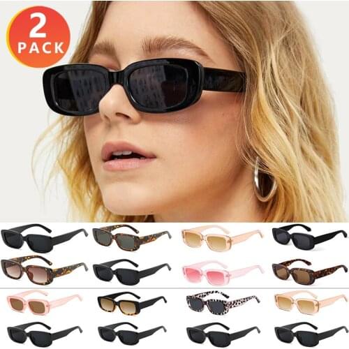 2 PACK Fashion Rectangle Sunglasses Women Retro Style Design Small Square Sun Glasses High Quality Eyeglasses Frame UV Goggles