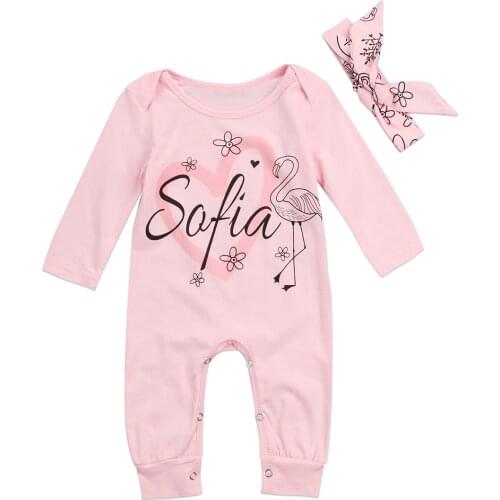 2020 New Fall Autumn 0-24M Toddler Baby Girl 2Pcs Set SOFIA Letter Print Flamingo Heart Long Sleeve Pink Romper+Headband Outfits