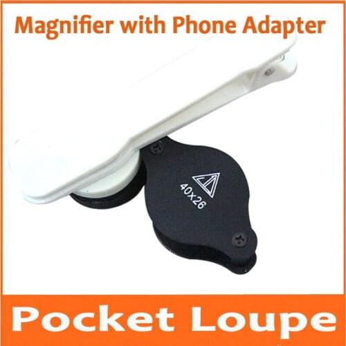 40X 26mm Pocket Magnifying Glass Cellphone Microscope Magnifier Jewelry Appraisal Loupe with Mobile Phone Clip Mount Adapter