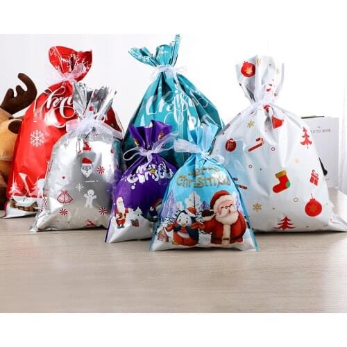 5Pcs/Lot PVC Drawstring Merry Christmas Santa Claus Gift Bags Large Gold Silver Goods Cookies Candy Packaging Bag Store 2021 New