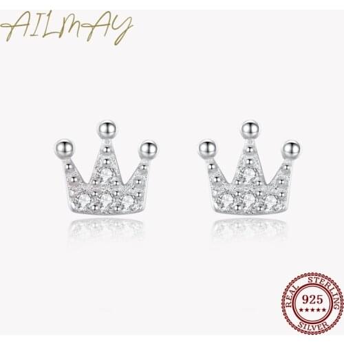 Ailmay 100% 925 Sterling Silver Simple Crown Earrings for Women Fashion Sterling Silver Tiny Ear Pin Korea Style Fine Jewelry