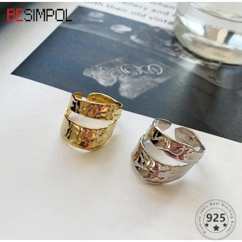 Besimpol 100% Real 925 Sterling Silver Ring Irregular Uneven Double Layers Adjustable Open Rings For Women Fine Jewelry Gifts
