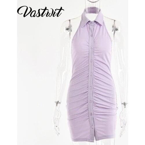 Black Backless Halter Ruched Mini Dress Women Elegant Sleeveless Single Breasted Skinny Dress 2021NEW