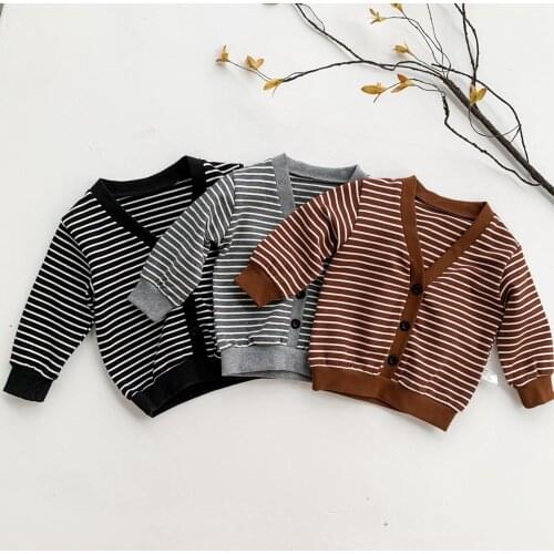 Citgeett Autumn Kids Baby Girls Boys Cardigan Button-down Stripe Print Long Sleeve V-neck Knitwear Clothes