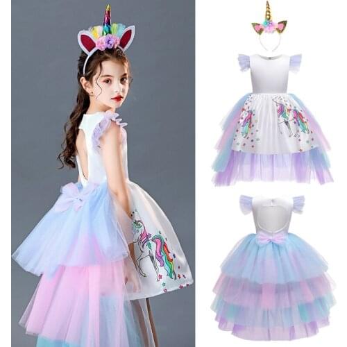 Unicorn Dress Children Carnival Costume Rainbow Mesh Birthday Party Dresses For Girl Christmas Princess Dress 3-10Y Kids Clothes