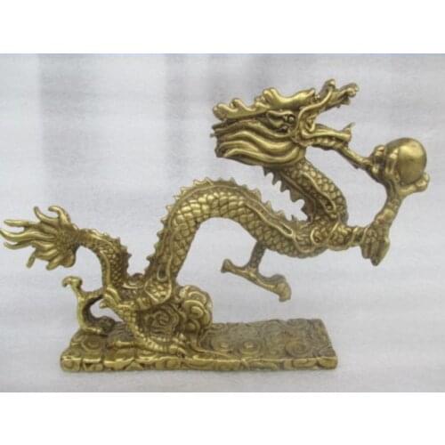 Length:6.7 inche/Chinas rare manual hammer old brass play pearl dragon statue