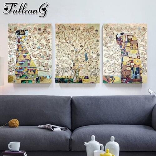 FULLCANG 5d diy diamond embroidery lovers Tree Classic Abstract Gustav Klimt triptych full square round drill decoration FC3058
