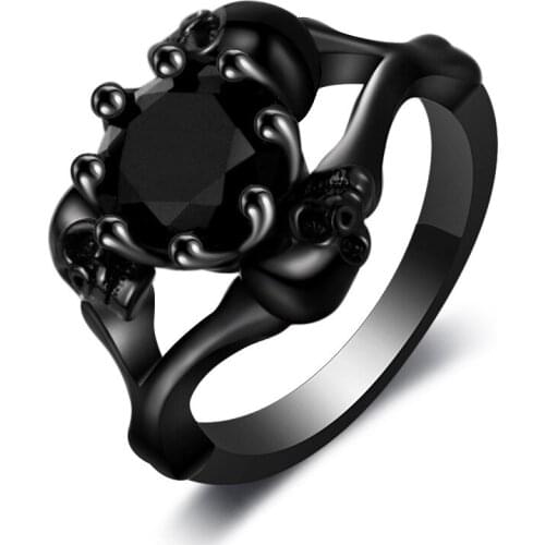 Hainon Fashion Vintage Round Black Zircon Stone Skull Rings Black Gold Color Jewelry Women Mens Punk CZ Skeleton Ring For Party