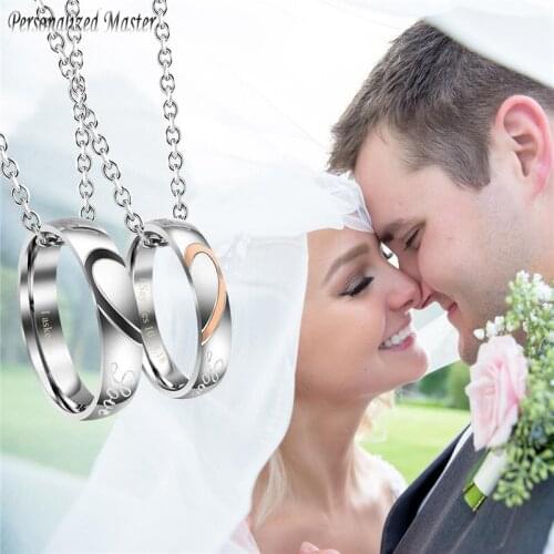 Personalized Master Customized Couples Heart Match Set His Her Gift Rings Pendant Stainless Steel Necklace for Valentine Lover