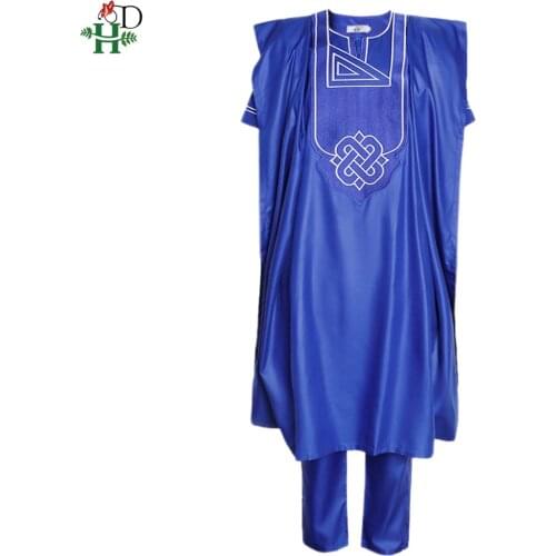 H&D men african clothes blue agbada suit cover shirt pants 3 pieces set no cap dashiki robe embroidery african pattern PH3307