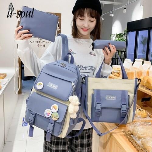 4 Pcs Set Harajuku Women Laptop Backpack Canvas School Bag For Teenage Girls Kawaii College Student Kids Book Bag Rucksack 2021