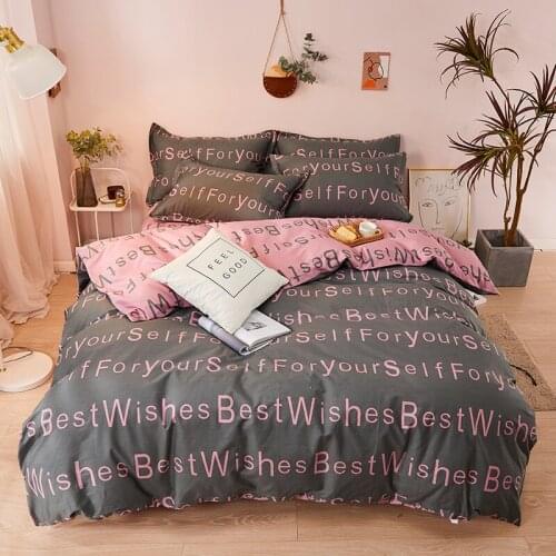 Spring Duvet Cover Set 100%Cotton Letter Flower Print Bedding Kit Quilt Cover Flat/Fitted Sheet King Bedclothes Home Textile
