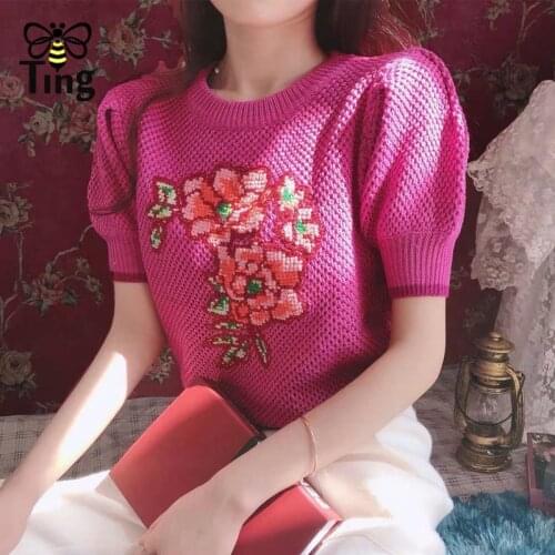 Tingfly Summer Lady Fashion Flower Embroidery Chic Knit Pullovers Top Japanese Kawaii Cute Knitted Sweater Tee Shirts Urban Traf