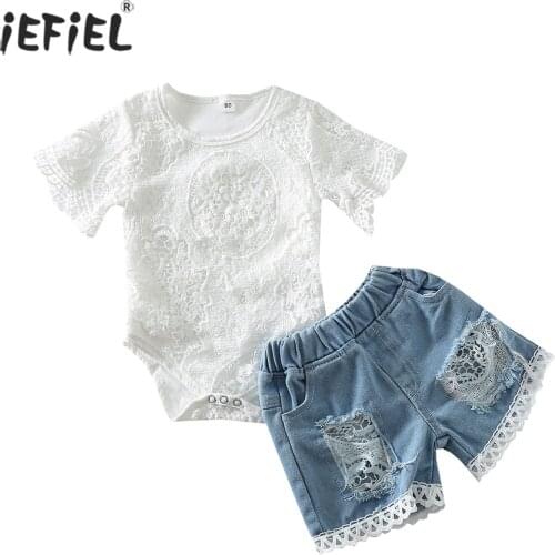 Newborn Baby Summer Clothing Girl Denim Clothes Kid Short Sleeve Romper Lace Jumpsuit+Ripped Holes Denim Shorts 2Pcs Outfits Set