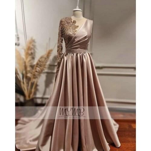 Best Selling Modest Womens Evening Wear One Sleeve Designer Beading Top Satin Skirt Evening Gown For Bride Flowy Plus Size