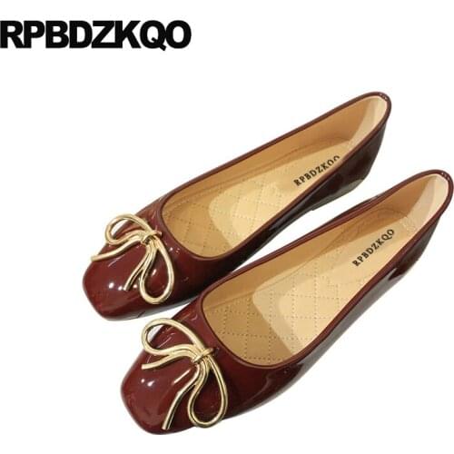 Square toe cute women shoes ballerina 2018 metal patent leather large size black soft bow china red wine foldable ballet flats