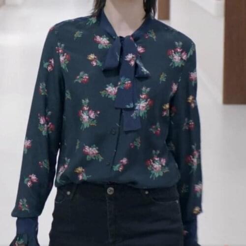 Spring and Autumn New Style Long-sleeved Lapel Single-breasted Silk Shirt with Ribbon Bowknot Fresh Flower Print Top