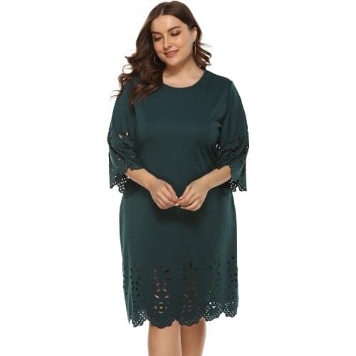 2021 Spring and Autumn New Fashion plus size women round neck sexy hollow-out 7-quarter sleeve elegant slim-fit long dress
