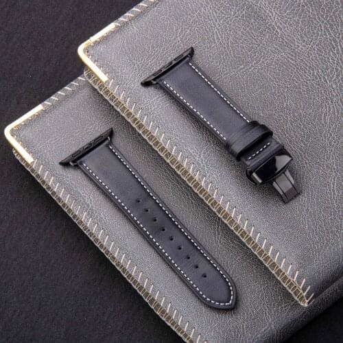 For Apple Watch Band 44mm 40mm Genuine Leather Strap Apple Watch 6 5 4 3 2 1 SE Butterfly Clasp Bracelet for iWatch 42mm 38mm