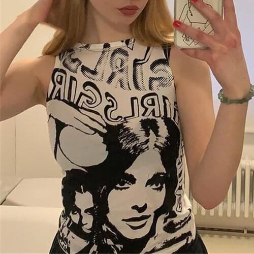 Womens Sexy Y2K Aesthetic Tanks Top Face Portrait Graphic Print Slim Fit Sleeveless Crop Top 90s Vintage E-girl Vest Streetwear