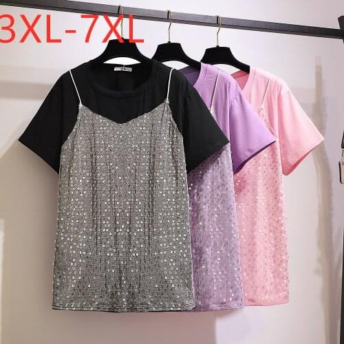 New 2021 ladies summer plus size tops for women large loose short sleeve black pink sequin cotton T-shirt 3XL 4XL 5XL 6XL 7XL