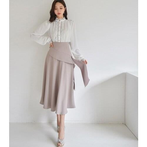 New arrival fashion set women spring OL temperament professional white lace loose shirt and ruffle midi skirt two piece set