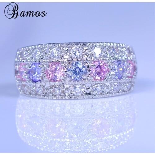 Female Pink Purple Zircon Ring Silver Color Promise Engagement Rings For Women Crystal Fashion Jewelry