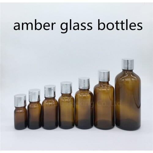 100pcs 5ml 10ml 15ml 20ml 30ML 50ml 100ml amber Glass Bottle Vials Essential Oil Bottle with silvery screw cap Perfume bottle