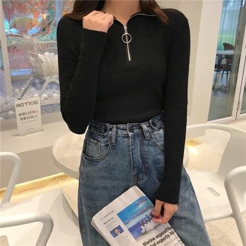 2021 Zipper Pullovers Knitted Turtleneck Sweater Women Autumn Winter Jumper Solid Slim Knitting Sweaters Polo Pull Femme