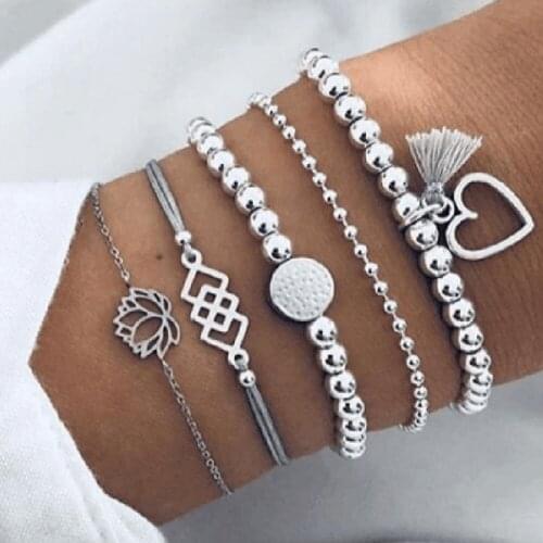 5Pcs/ Set Bohemian Heart-Shaped Lotus Bracelets for Women Boho Jewelry Gem Geometric Beads Angel Charm Bracelet