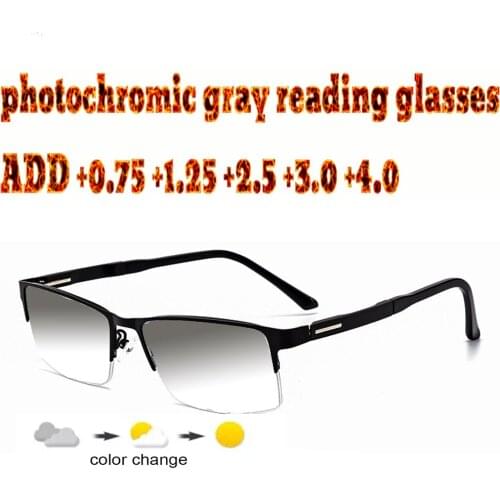 Business Mens Halfrim Photochromic Gray Reading Glasses Comfortable Alloy High Quality +1.0 +1.5 +1.75 +2.0 +2.5 +3 +3.5 +4