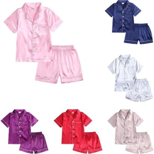 Baby Girls Boys Solid Ice Silk Satin Pajamas Sets Short Sleeve Tops+Shorts Summer Infant Toddler Children Sleepwear 9M-13Y
