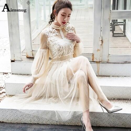 Aimsnug Elegant Dress Women Stand Collar Lantern Sleeve Mesh Dress See-through Lace Embroidery Fairy Dress Party Vestidos Robe
