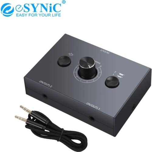 ESYNiC 2x1/1x2 3.5mm Audio Switch Switcher Splitter Bi-Directional Switcher 2(1)-In-1(2)-Out With Mute Button 3.5mm Audio Cable