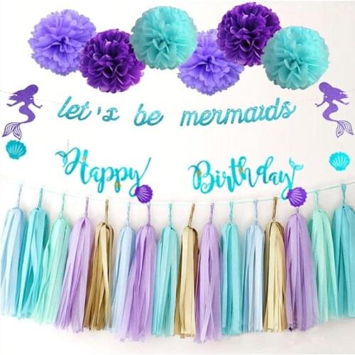 Mermaid Happy Birthday Banner Decor Party Girl Garland Mermaid Tail Shell Banner Decor Baby Shower Party Supplies