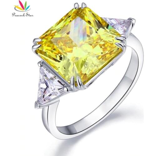 Peacock Star Solid 925 Sterling Silver Three-Stone Luxury Ring 8 Carat Yellow Canary Created Diamante CFR8157