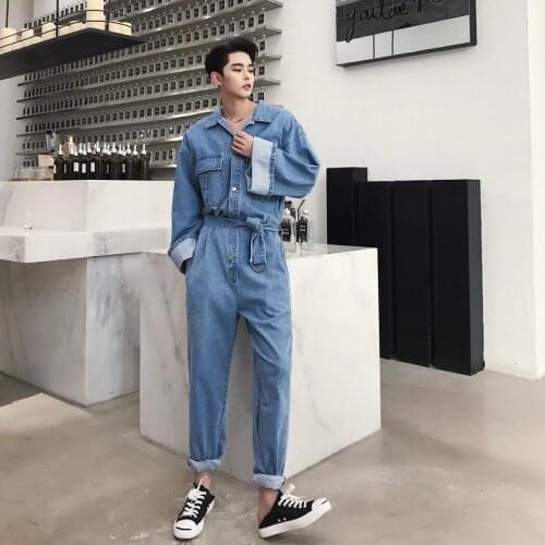 New Retro Tooling Denim Jumpsuit Loose Jeans Streetwear Male Hip Hop Long-sleeved Straight One Piece Overalls Denim Rompers