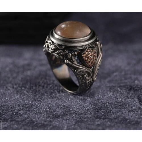 Quartz 925 Sterling Silver Special Method Engraved Traditional All Handmade Turkish Signet Ring Jewelry Gift for Women Men