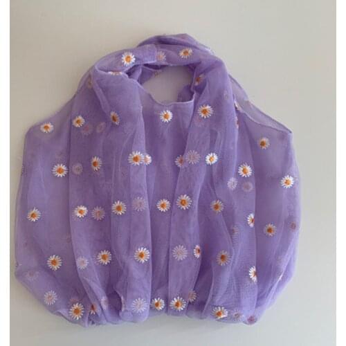 Summer Daisy Embroidery Handbag Shopping Bag Mesh Cloth Bag 3d Flower Casual Tote Students Literary Book Bag Eco Bags For Girls